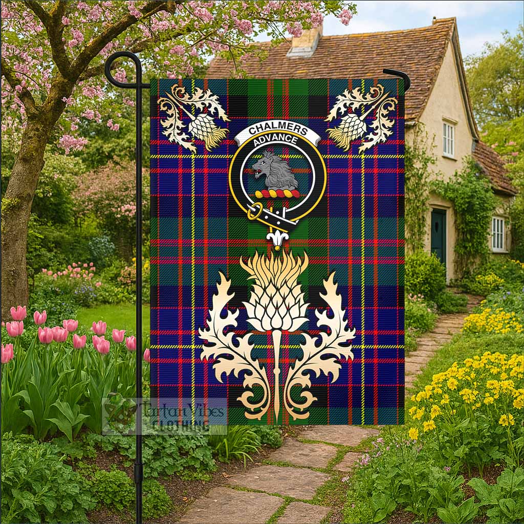 Chalmers Tartan Garden Flag with Golden Regal Scottish Thistle Emblem - Tartan Vibes Clothing