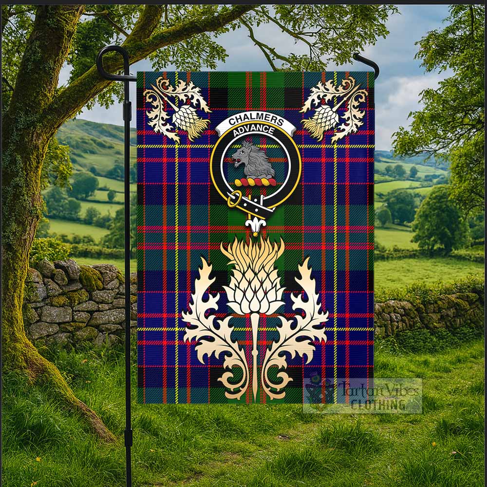 Chalmers Tartan Garden Flag with Golden Regal Scottish Thistle Emblem - Tartan Vibes Clothing