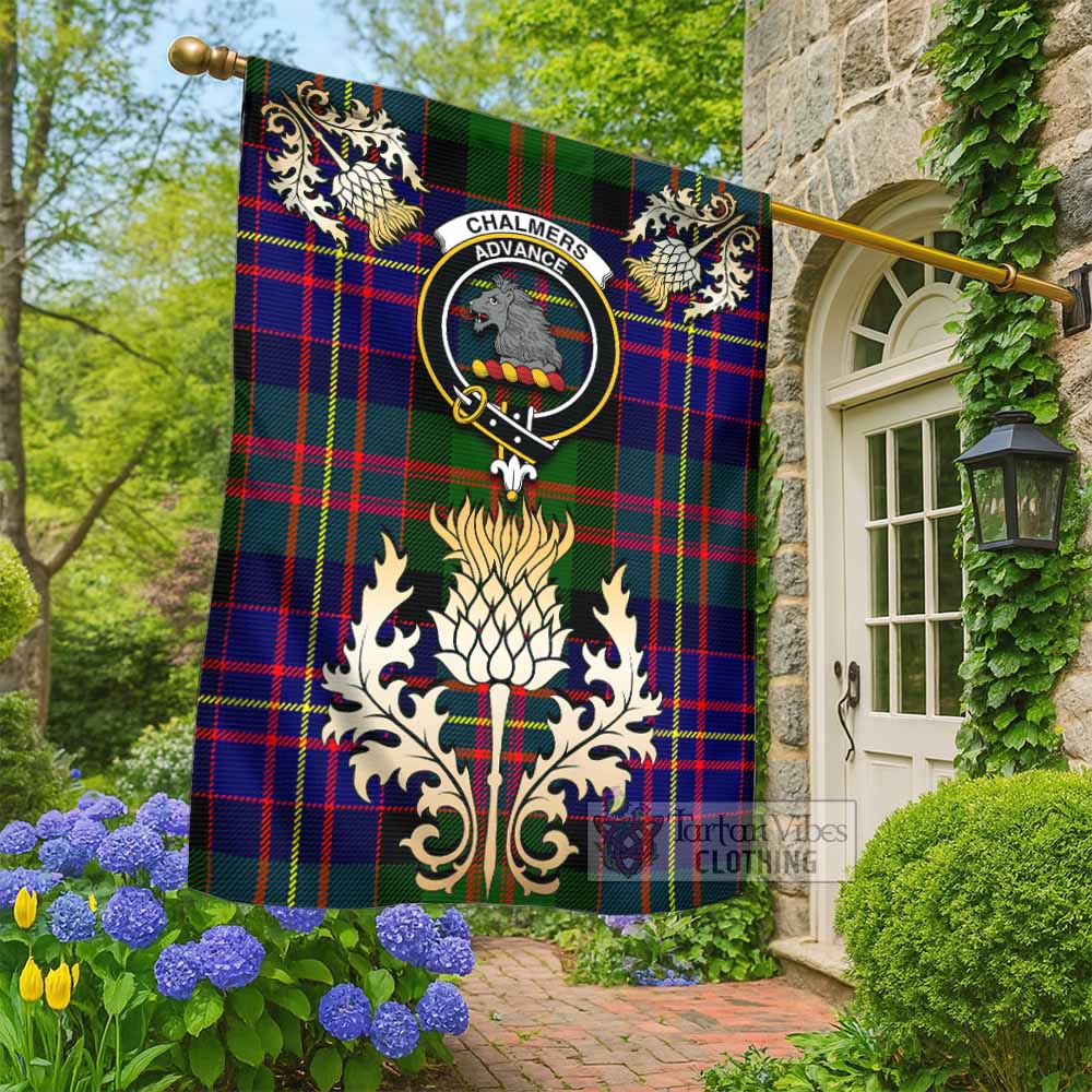 Chalmers Tartan Garden Flag with Golden Regal Scottish Thistle Emblem - Tartan Vibes Clothing