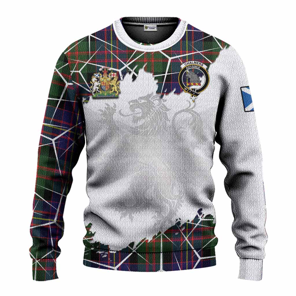 Chalmers Tartan Knitted Sweater with Family Crest and Lion Rampant Grunge Style