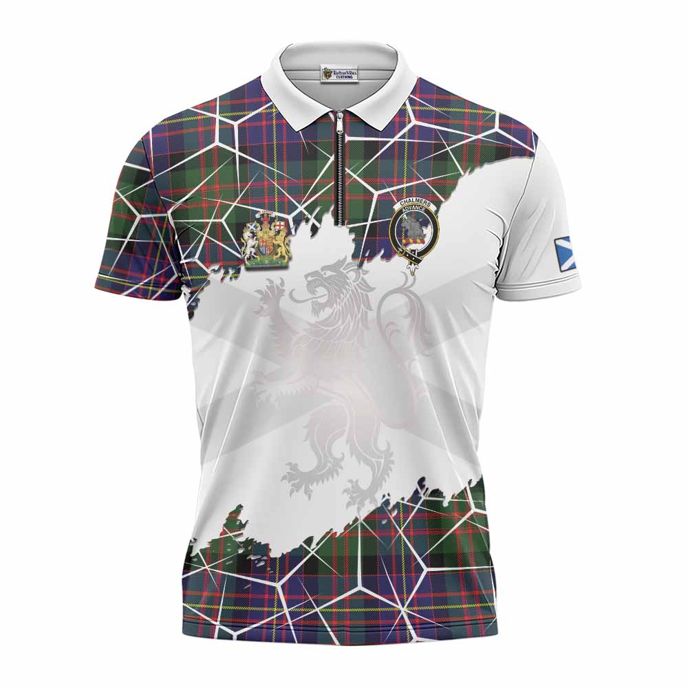 Chalmers Tartan Zipper Polo Shirt with Family Crest and Lion Rampant Grunge Style