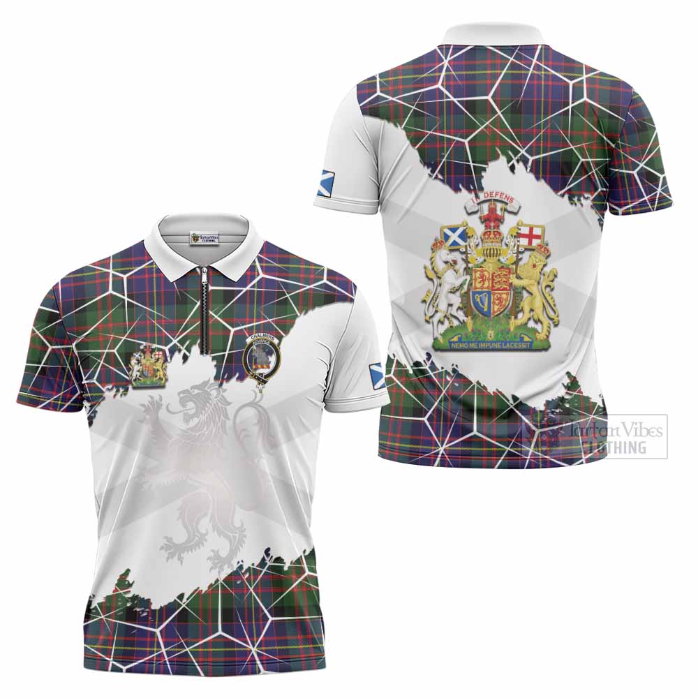 Chalmers Tartan Zipper Polo Shirt with Family Crest and Lion Rampant Grunge Style