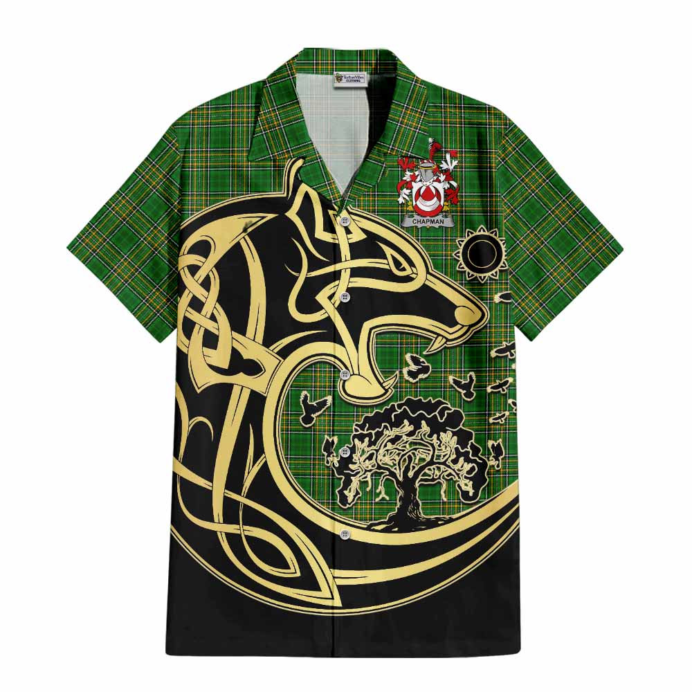 Tartan Vibes Clothing Chapman Irish Tartan Short Sleeve Button Shirt with Coat of Arms Celtic Wolf Style