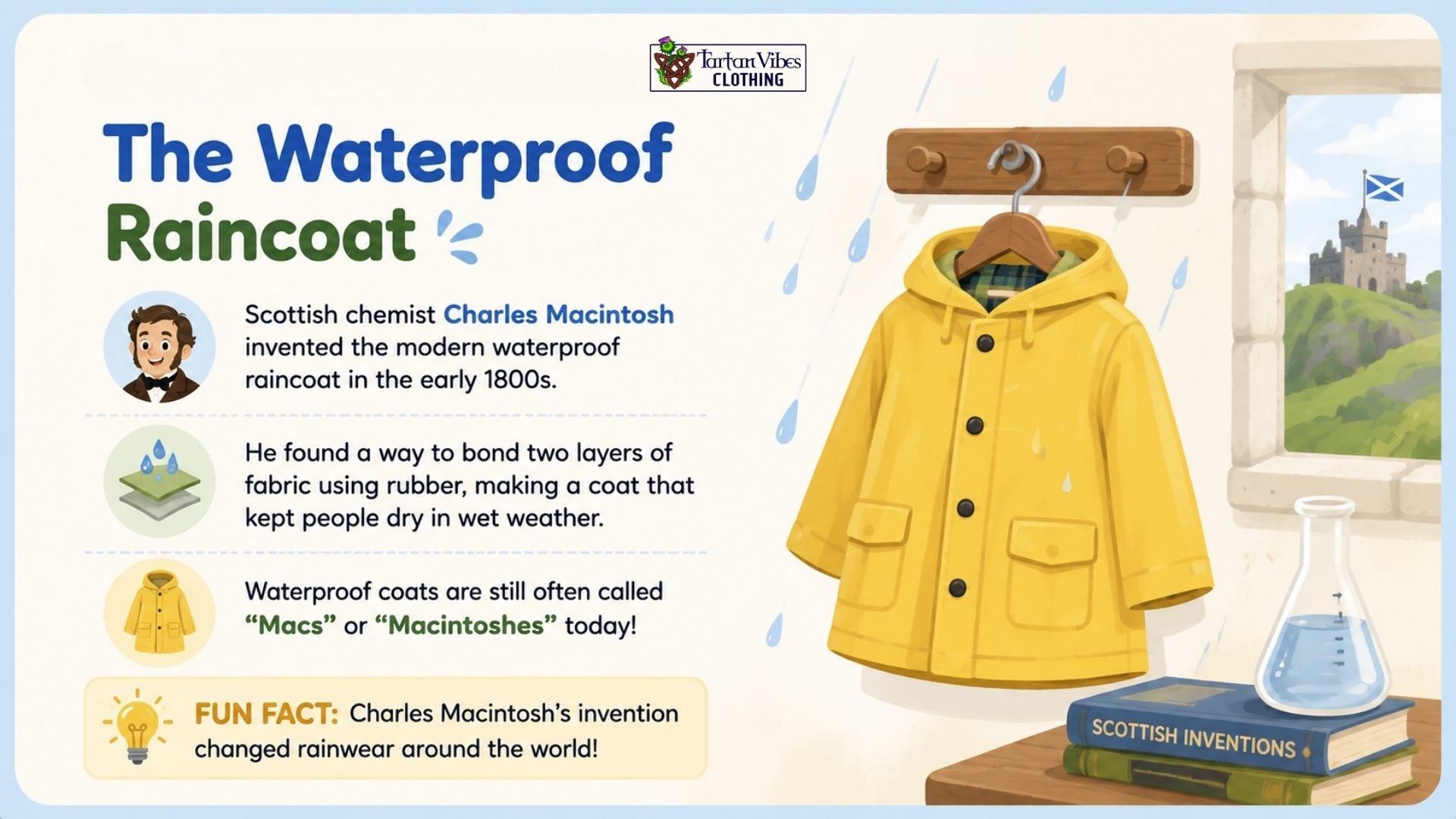 Charles Macintosh’s waterproof raincoat, a famous Scottish invention