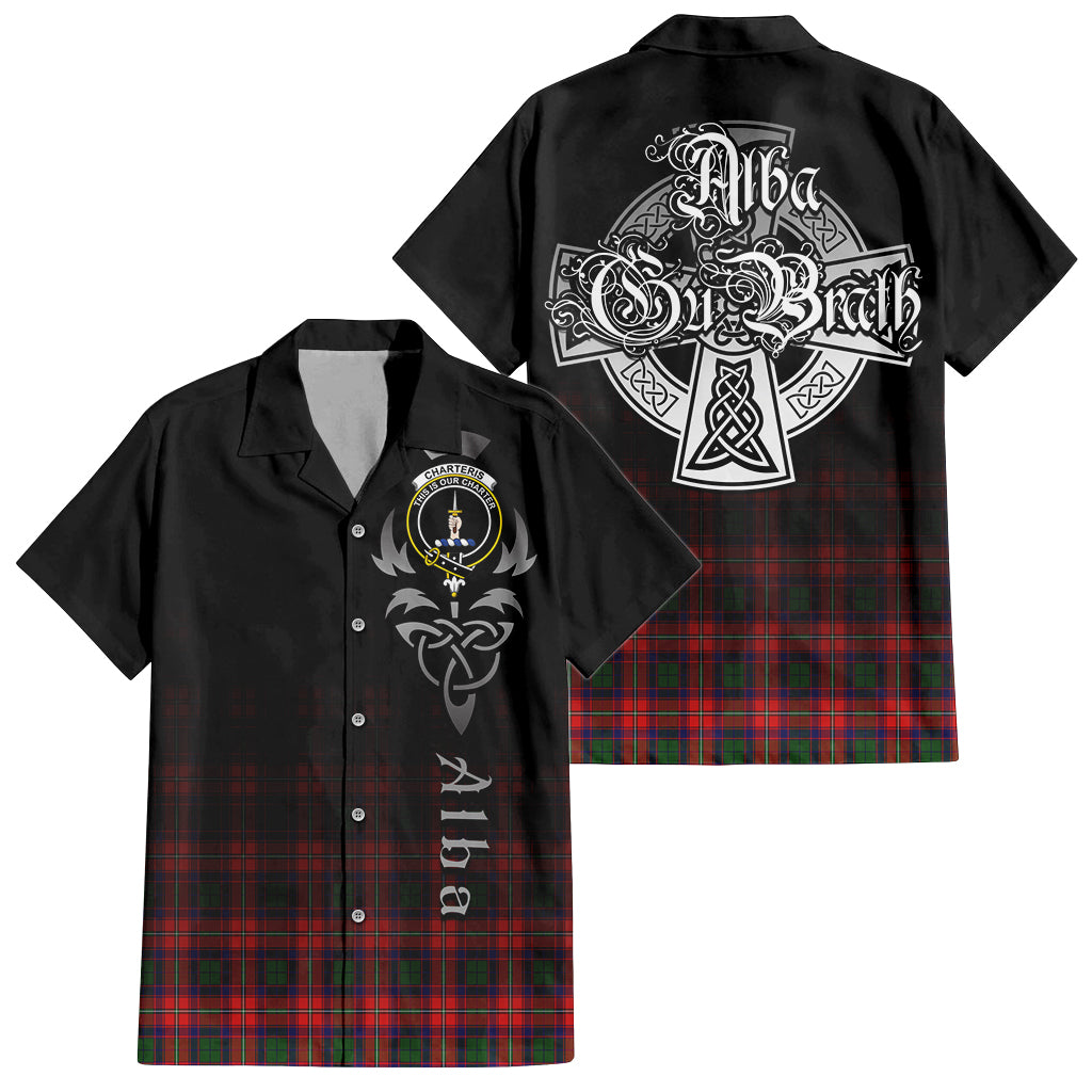 Tartan Vibes Clothing Charteris Tartan Short Sleeve Button Up Featuring Alba Gu Brath Family Crest Celtic Inspired