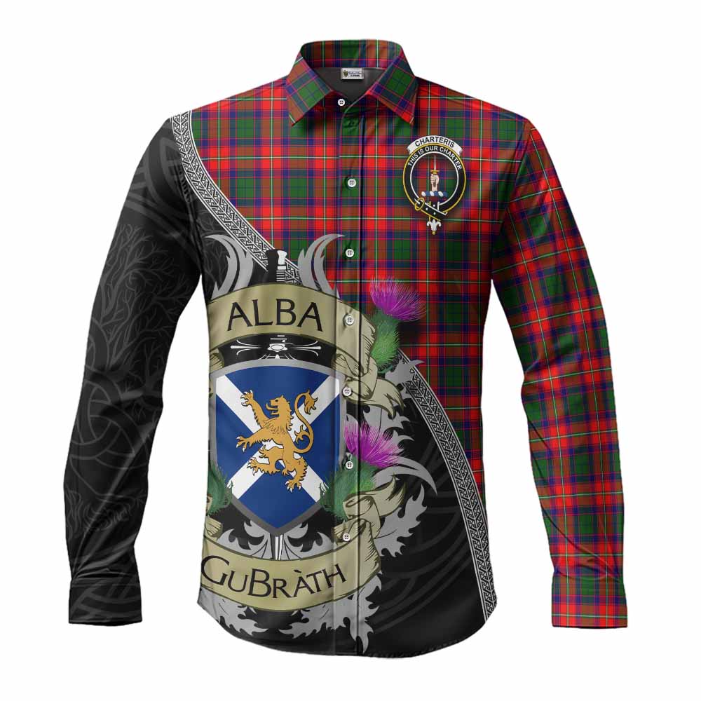 Tartan Vibes Clothing Charteris Tartan Family Crest Long Sleeve Button Shirt Lion Rampant Royal Thistle Shield Celtic Inspired