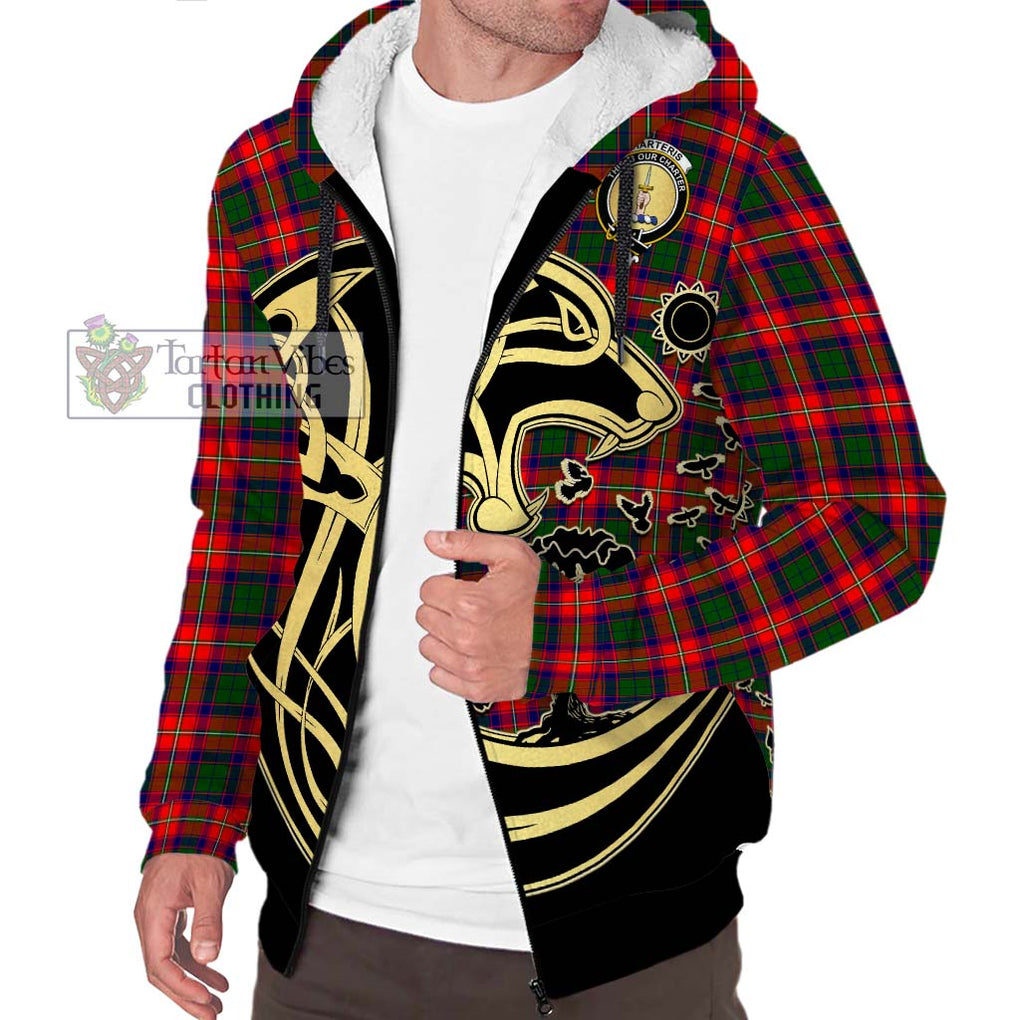Charteris Tartan Sherpa Hoodie with Family Crest Celtic Wolf Style Unisex S - Tartan Vibes Clothing