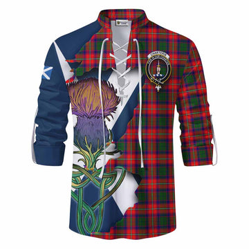 Charteris Tartan Family Crest Ghillie Kilt Shirt Scottish Thistle Celtic Inspired