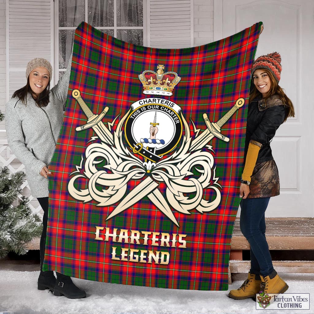 Tartan Vibes Clothing Charteris Tartan Blanket with Clan Crest and the Golden Sword of Courageous Legacy