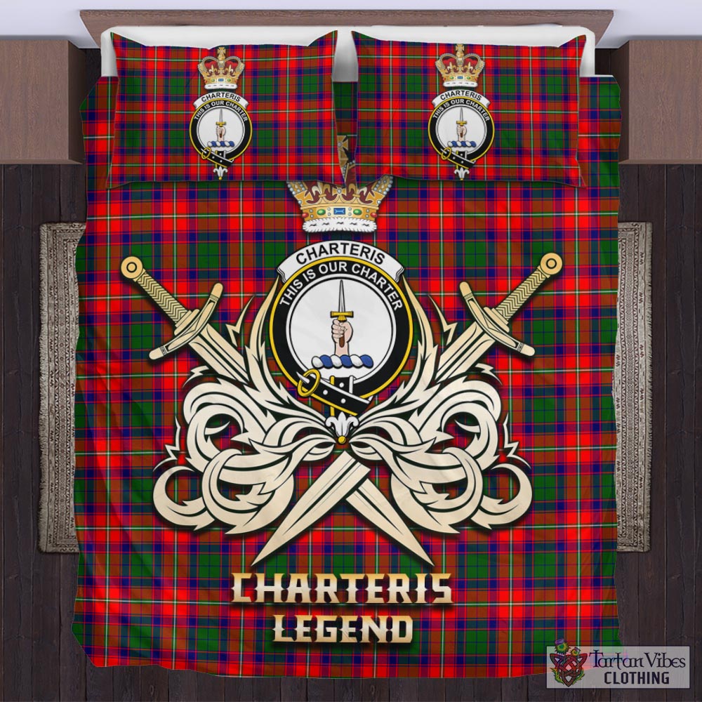 Tartan Vibes Clothing Charteris Tartan Bedding Set with Clan Crest and the Golden Sword of Courageous Legacy