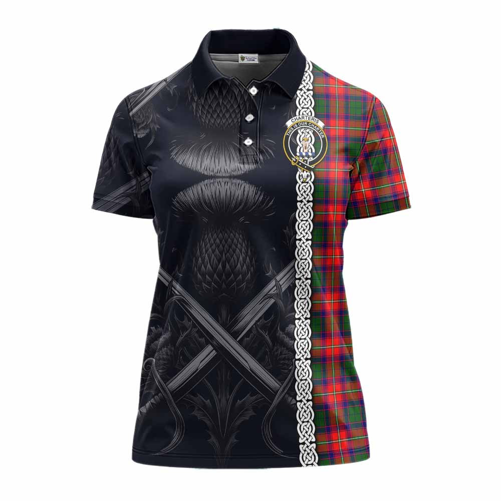 Tartan Vibes Clothing Charteris Tartan Women's Polo Shirt with Family Crest Cross Sword Thistle Celtic Vibes