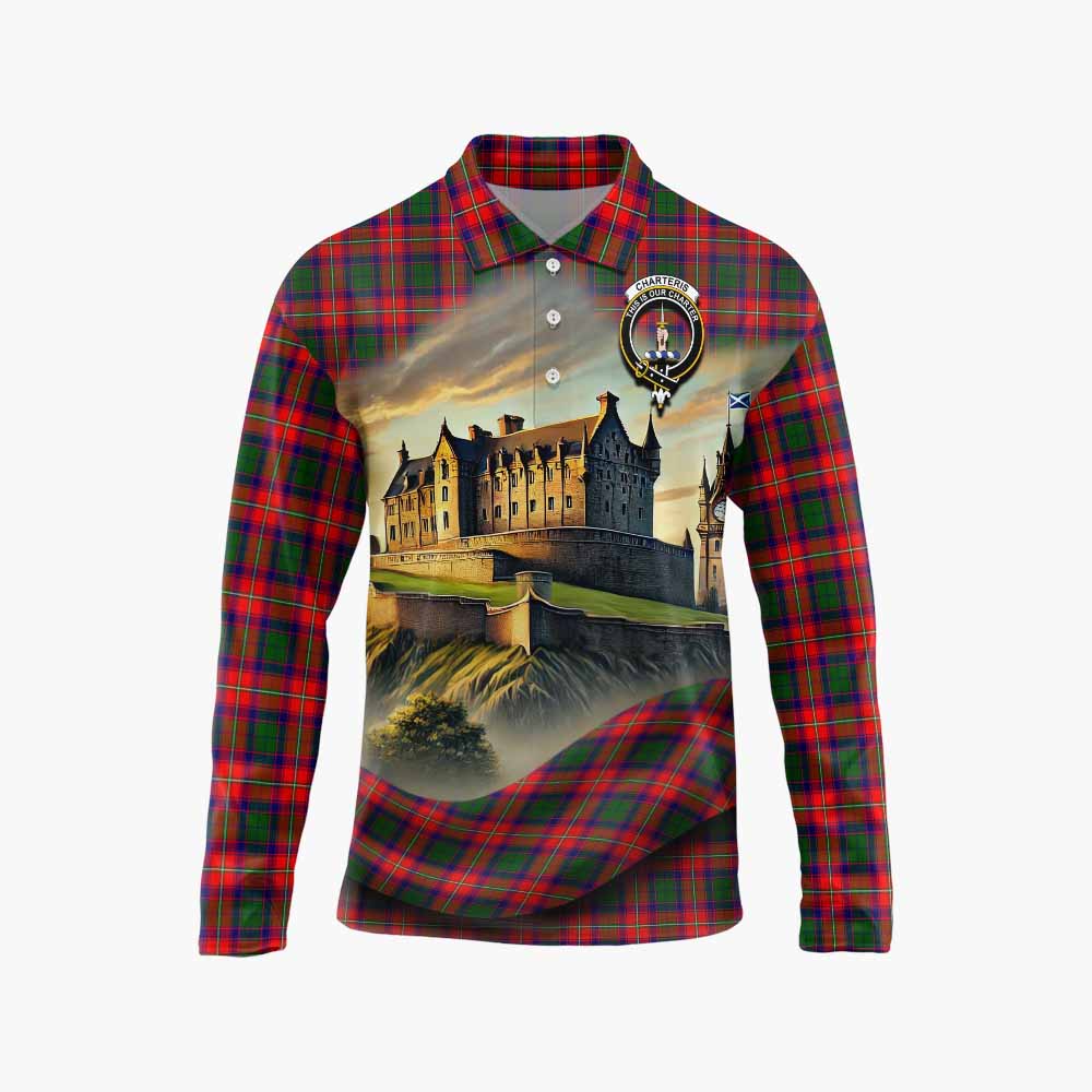 Tartan Vibes Clothing Charteris Tartan Family Crest Long Sleeve Polo Shirt with Scottish Ancient Castle Style