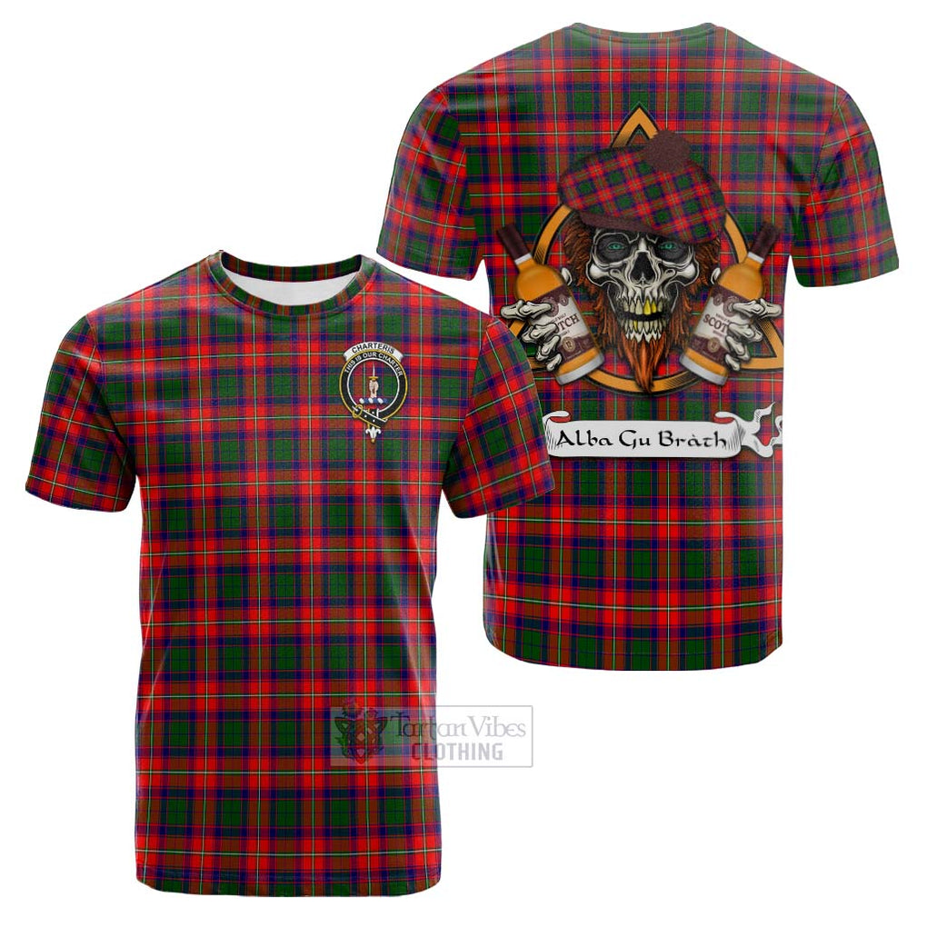 Tartan Vibes Clothing Charteris Tartan Cotton T-shirt with Family Crest and Bearded Skull Holding Bottles of Whiskey
