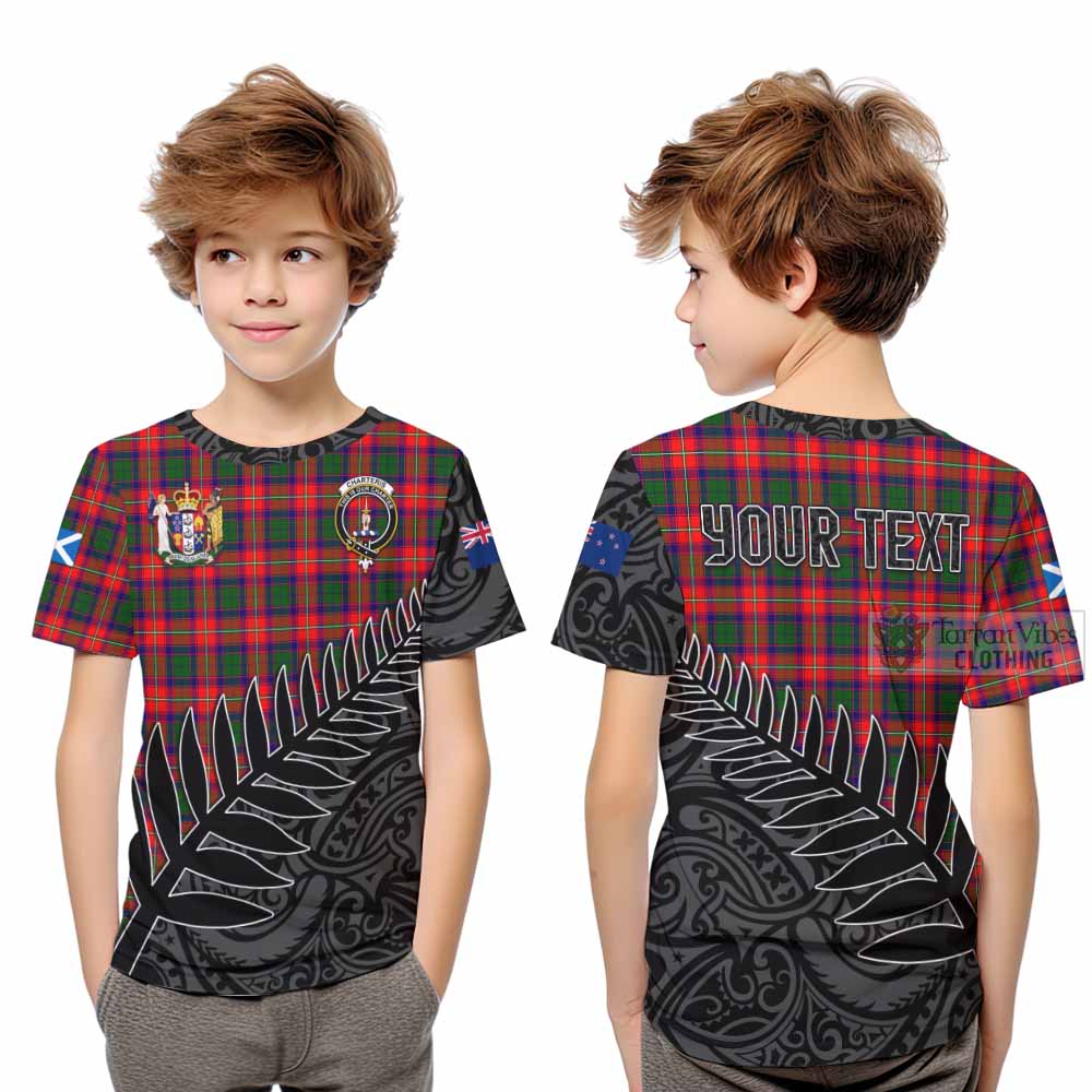 Tartan Vibes Clothing Charteris Crest Tartan Kid T-Shirt with New Zealand Silver Fern Half Style