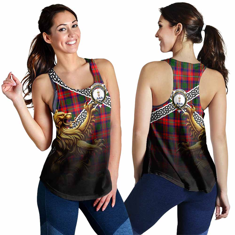 Tartan Vibes Clothing Charteris Crest Tartan Women's Racerback Tanks with Golden Lion Emblem Celtic Style