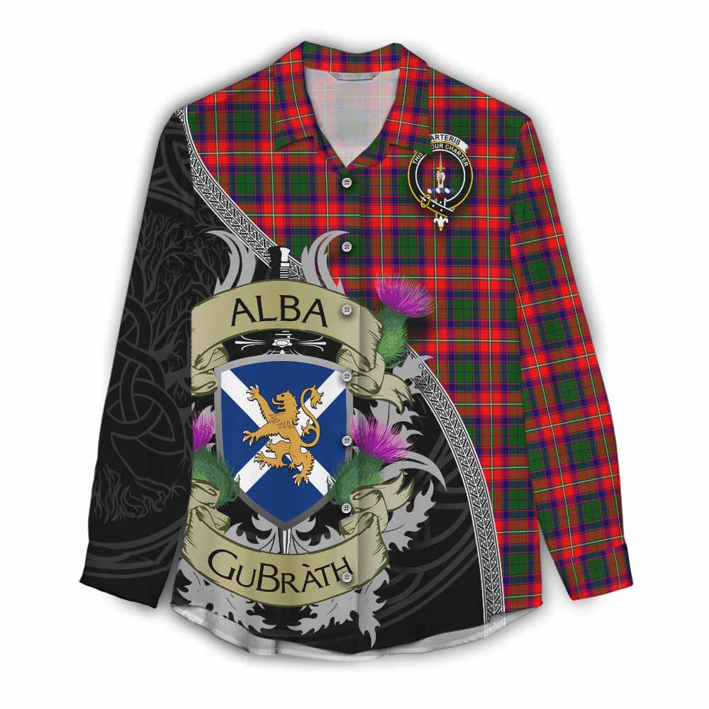 Tartan Vibes Clothing Charteris Tartan Family Crest Women's Casual Shirt Lion Rampant Royal Thistle Shield Celtic Inspired