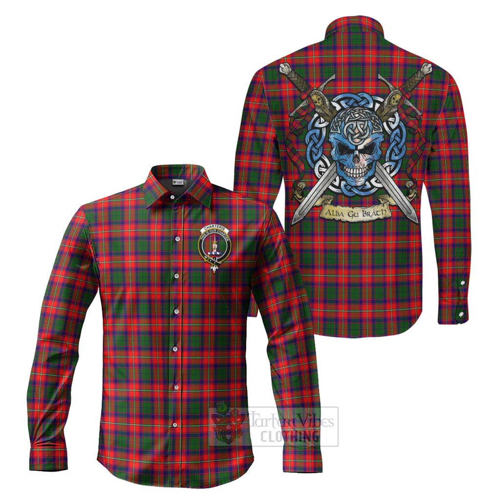 Tartan Vibes Clothing Charteris Tartan Long Sleeve Button Shirt with Family Crest Celtic Skull Style
