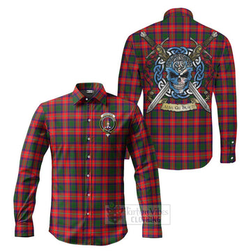 Tartan Vibes Clothing Charteris Tartan Long Sleeve Button Shirt with Family Crest Celtic Skull Style