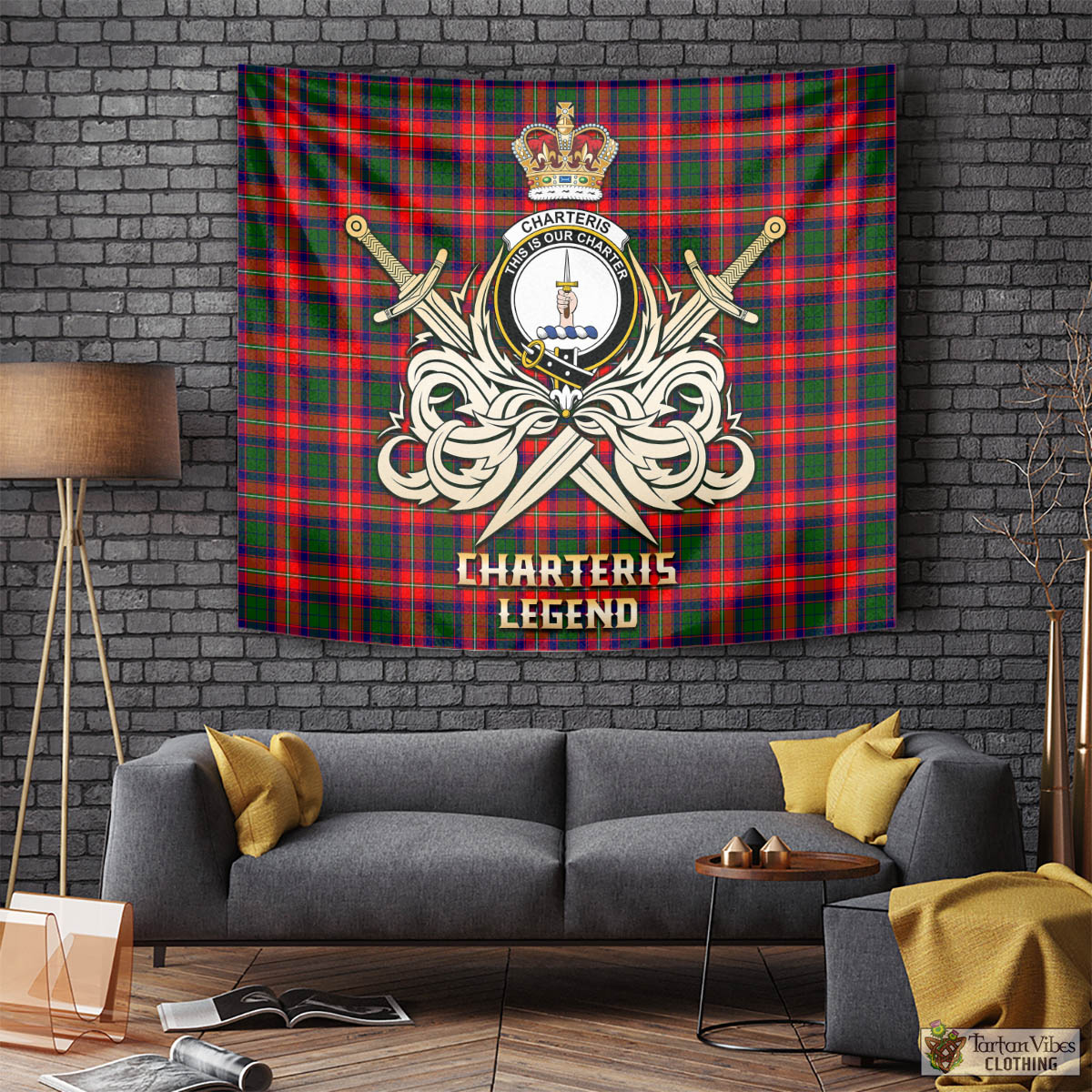 Tartan Vibes Clothing Charteris Tartan Tapestry with Clan Crest and the Golden Sword of Courageous Legacy