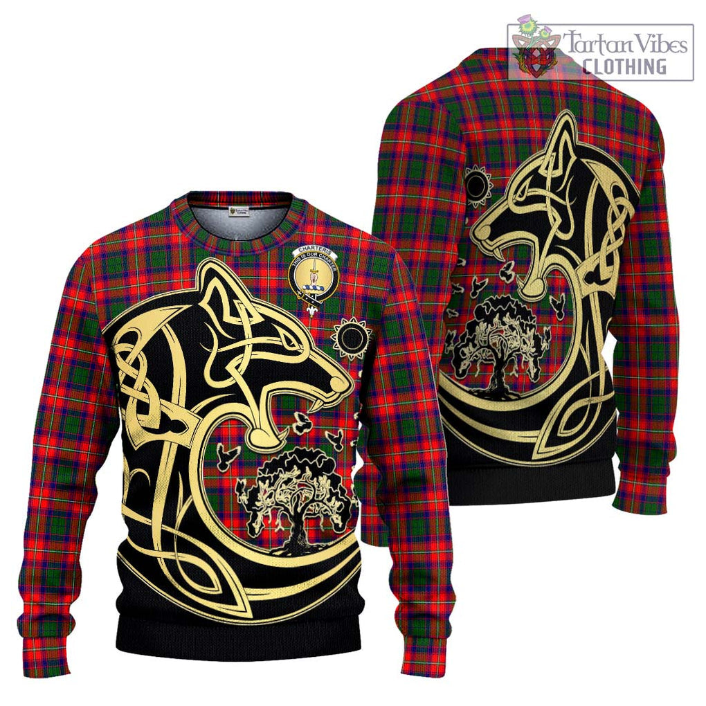 Charteris Tartan Knitted Sweater with Family Crest Celtic Wolf Style Unisex - Tartan Vibes Clothing