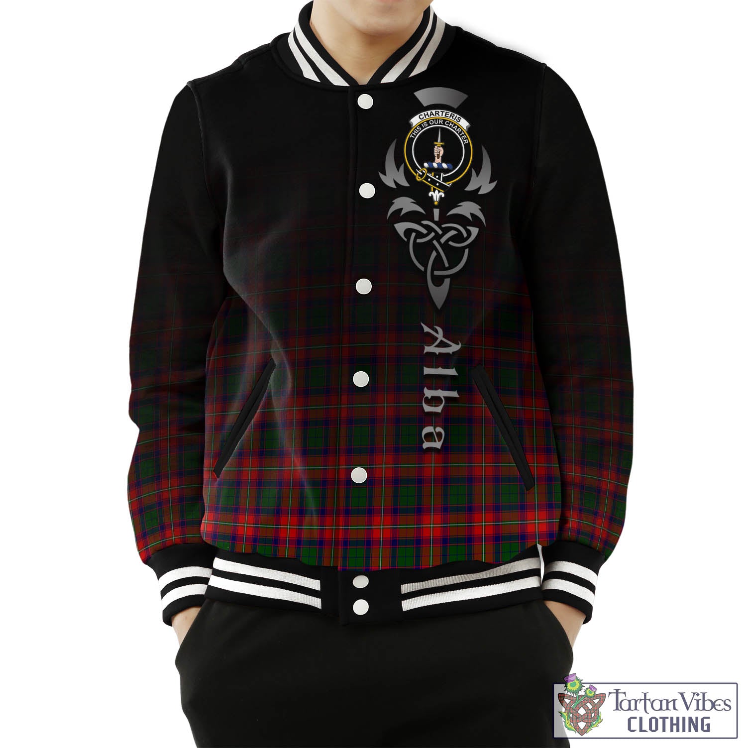 Tartan Vibes Clothing Charteris Tartan Baseball Jacket Featuring Alba Gu Brath Family Crest Celtic Inspired