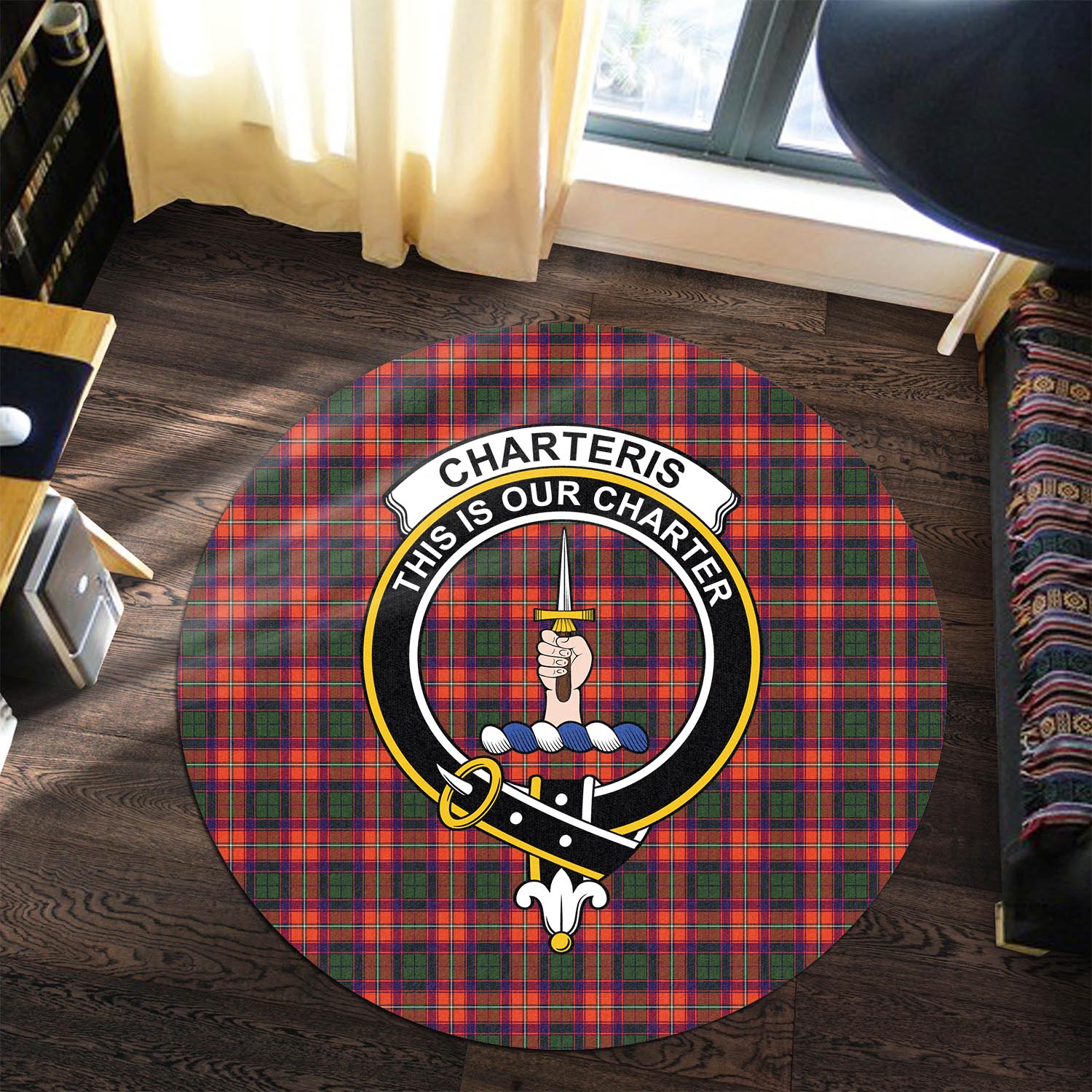 Charteris Tartan Round Rug with Family Crest - Tartanvibesclothing