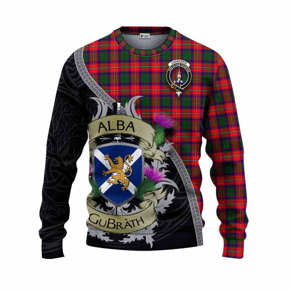Tartan Vibes Clothing Charteris Tartan Family Crest Knitted Sweater Lion Rampant Royal Thistle Shield Celtic Inspired