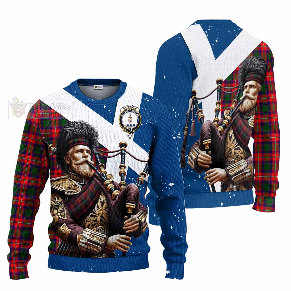Tartan Vibes Clothing Charteris Tartan Knitted Sweater with Family Crest Scottish Bagpiper Vibes
