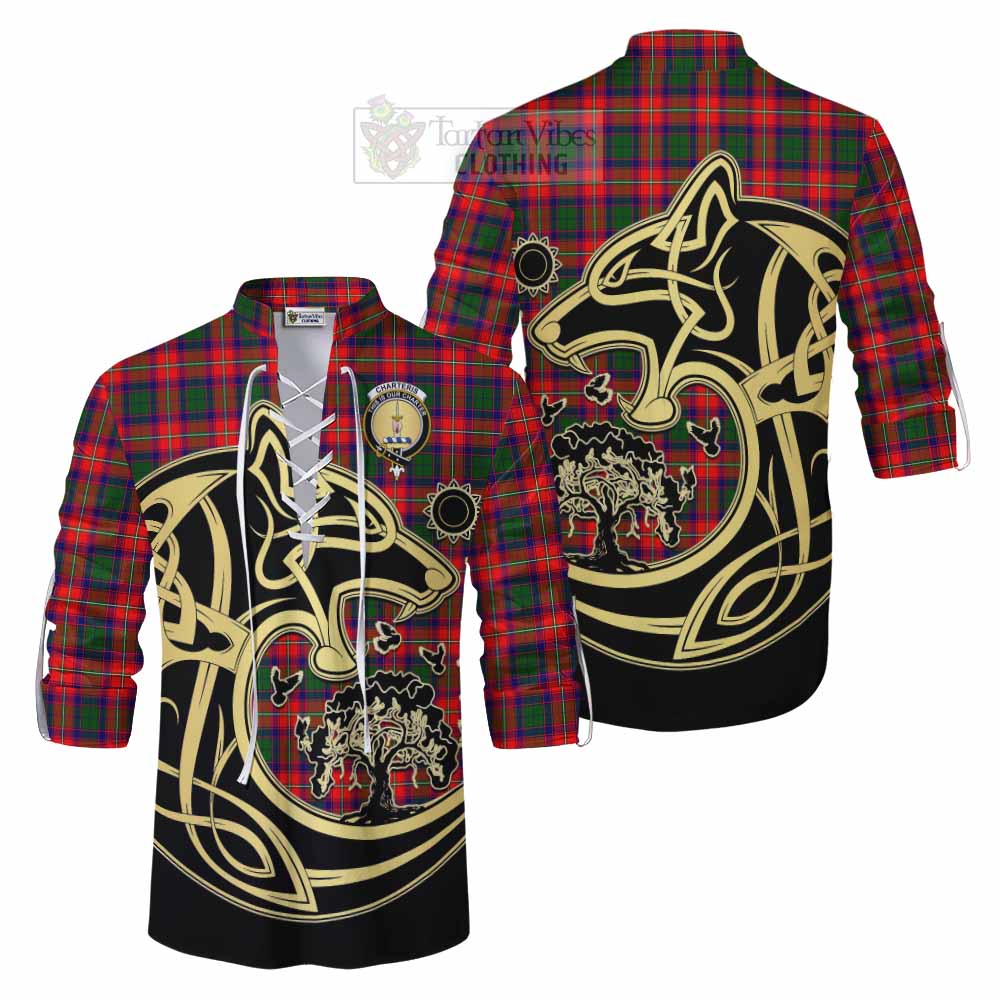 Tartan Vibes Clothing Charteris Tartan Ghillie Kilt Shirt with Family Crest Celtic Wolf Style