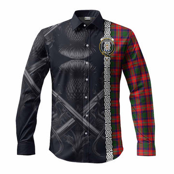 Tartan Vibes Clothing Charteris Tartan Long Sleeve Button Shirt with Family Crest Cross Sword Thistle Celtic Vibes