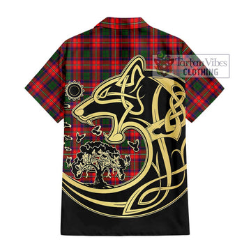 Charteris Tartan Short Sleeve Button Shirt with Family Crest Celtic Wolf Style - Tartan Vibes Clothing