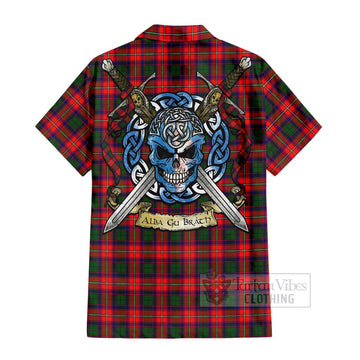 Tartan Vibes Clothing Charteris Tartan Short Sleeve Button Shirt with Family Crest Celtic Skull Style