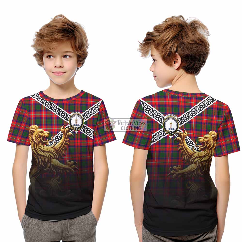 Tartan Vibes Clothing Charteris Crest Tartan Kid T-Shirt with Golden Lion Emblem Celtic Style