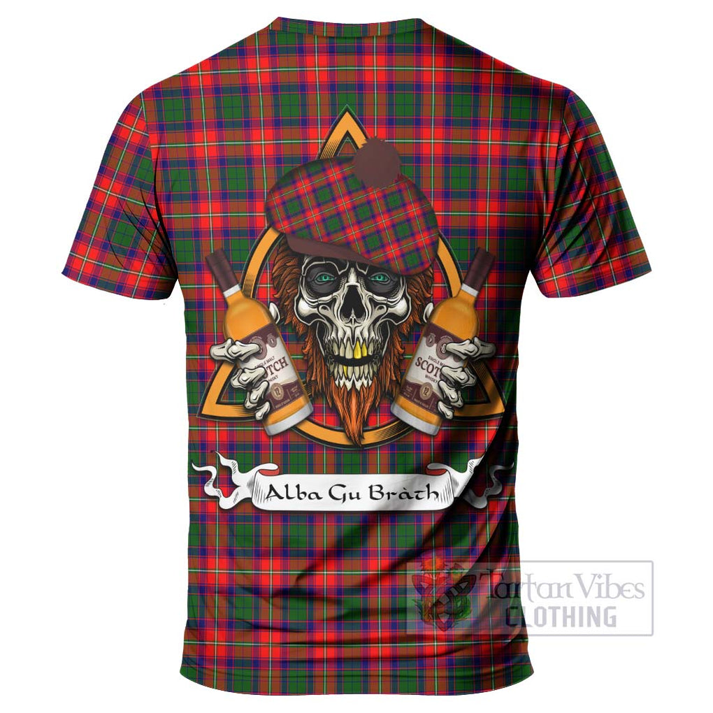 Tartan Vibes Clothing Charteris Tartan T-Shirt with Family Crest and Bearded Skull Holding Bottles of Whiskey