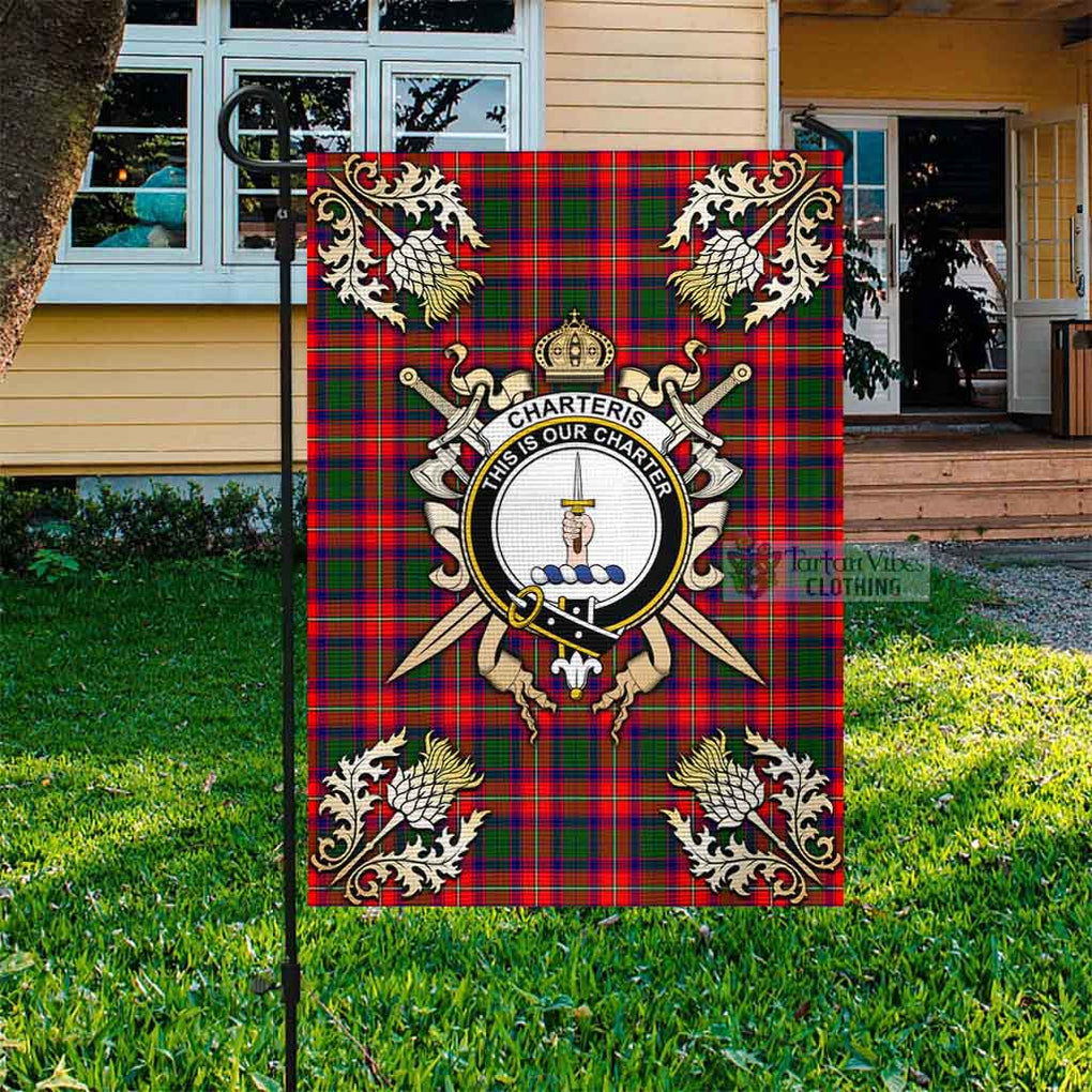Tartan Vibes Clothing Charteris Tartan Flag with Family Crest and Golden Thistle Crossed Sword Design