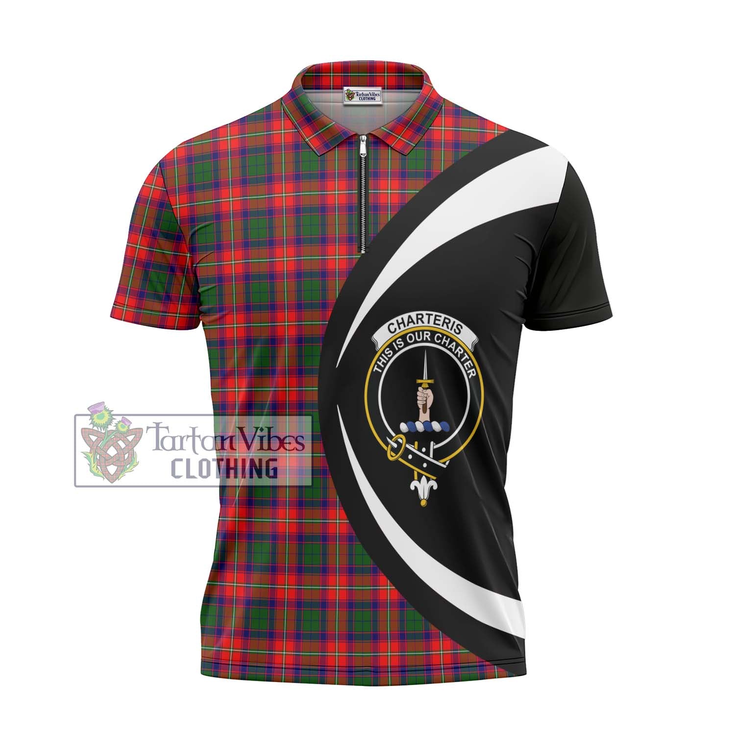 Tartan Vibes Clothing Charteris Tartan Zipper Polo Shirt with Family Crest Circle Style