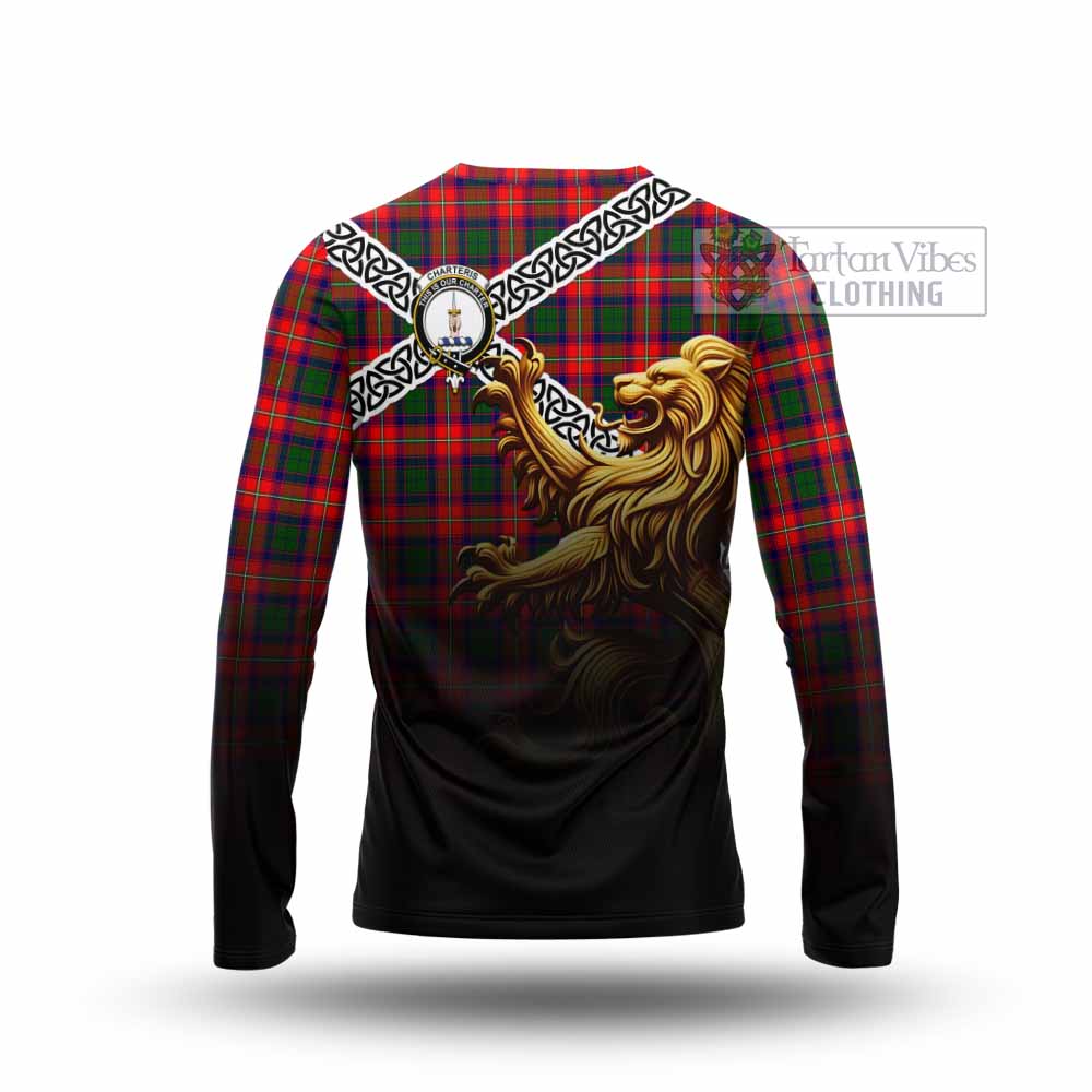 Tartan Vibes Clothing Charteris Crest Tartan Long Sleeve T-Shirt with Golden Lion Emblem Celtic Style