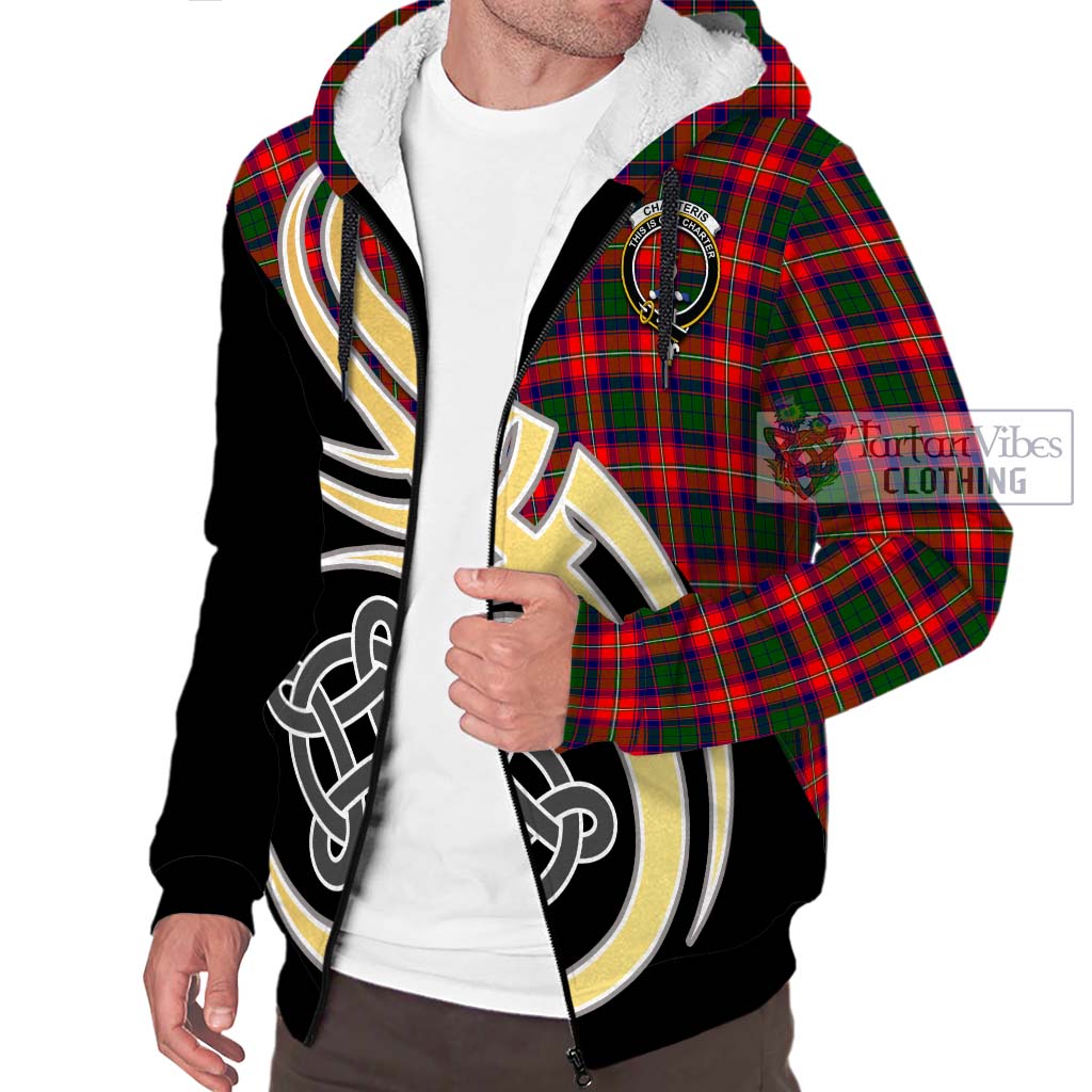 Charteris Tartan Sherpa Hoodie with Family Crest and Celtic Symbol Style - Tartan Vibes Clothing