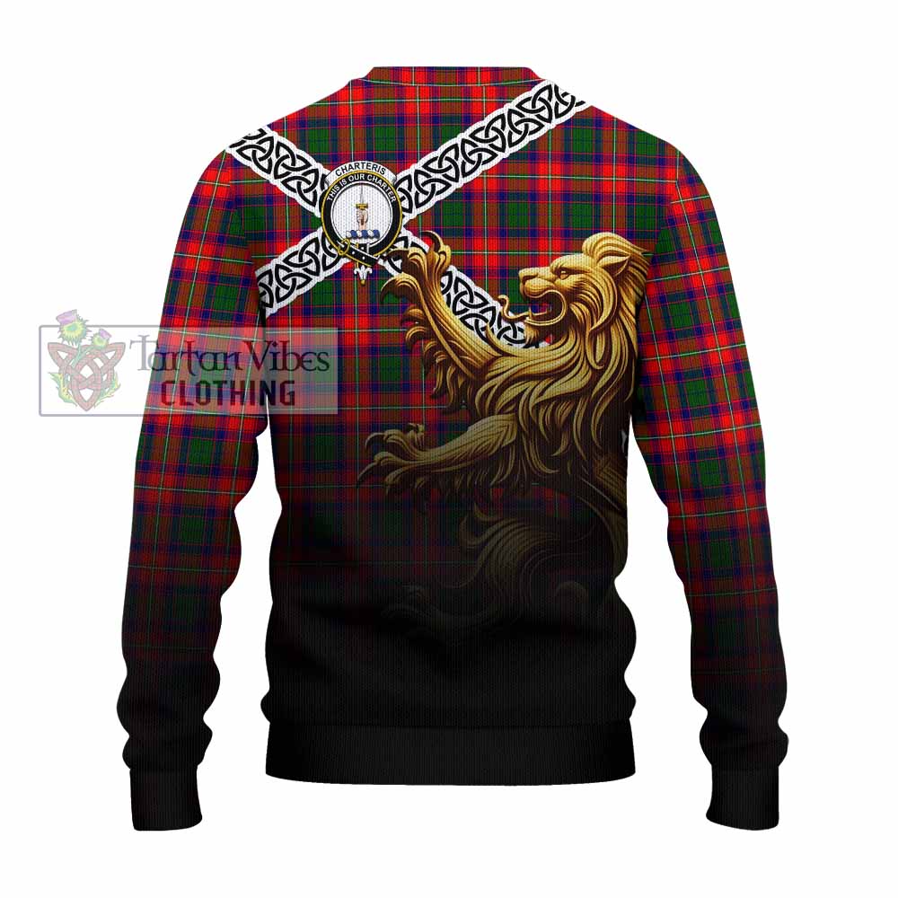 Tartan Vibes Clothing Charteris Crest Tartan Knitted Sweater with Golden Lion Emblem Celtic Style