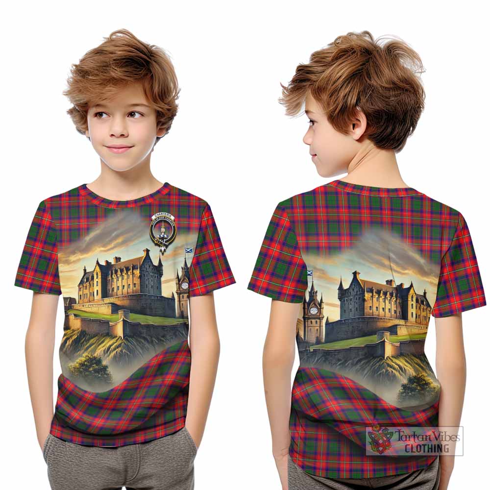 Tartan Vibes Clothing Charteris Tartan Family Crest Kid T-Shirt with Scottish Ancient Castle Style