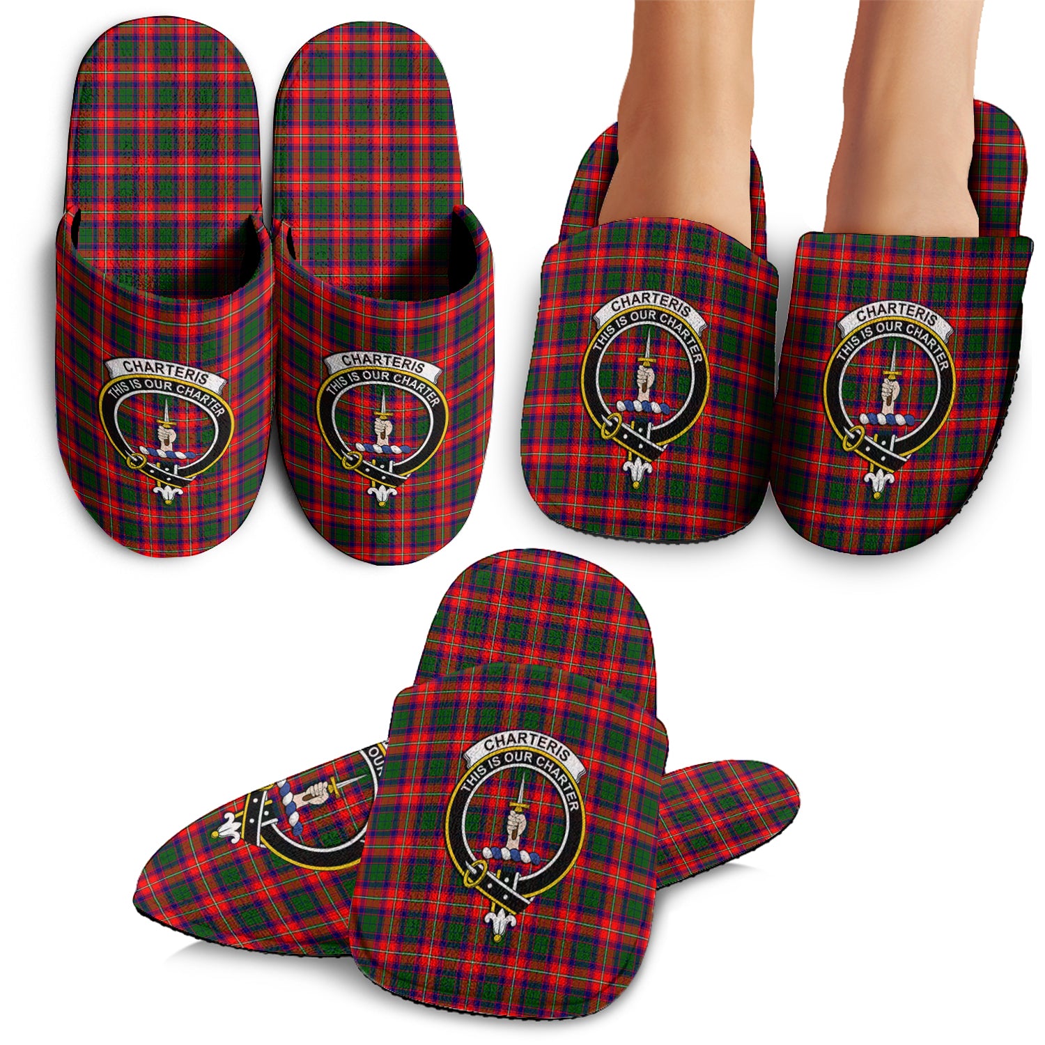 Charteris Tartan Home Slippers with Family Crest - Tartanvibesclothing