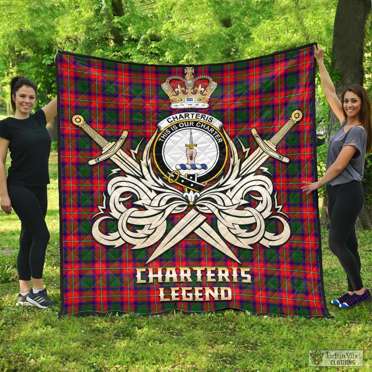 Tartan Vibes Clothing Charteris Tartan Quilt with Clan Crest and the Golden Sword of Courageous Legacy