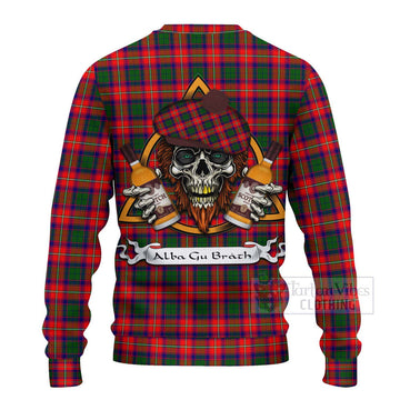 Tartan Vibes Clothing Charteris Tartan Knitted Sweater with Family Crest and Bearded Skull Holding Bottles of Whiskey