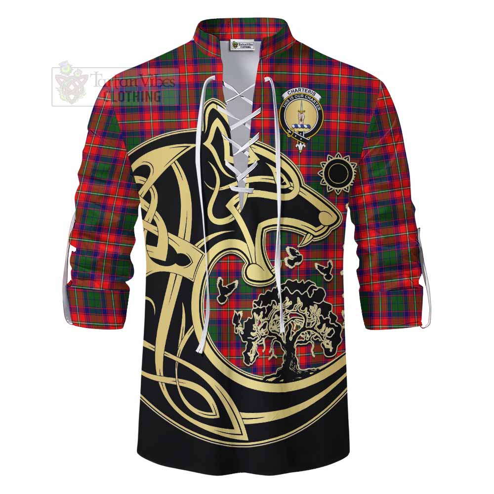 Tartan Vibes Clothing Charteris Tartan Ghillie Kilt Shirt with Family Crest Celtic Wolf Style