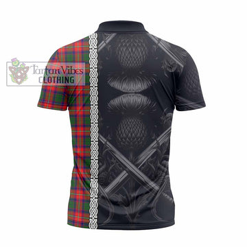 Charteris Tartan Zipper Polo Shirt with Family Crest Cross Sword Thistle Celtic Vibes