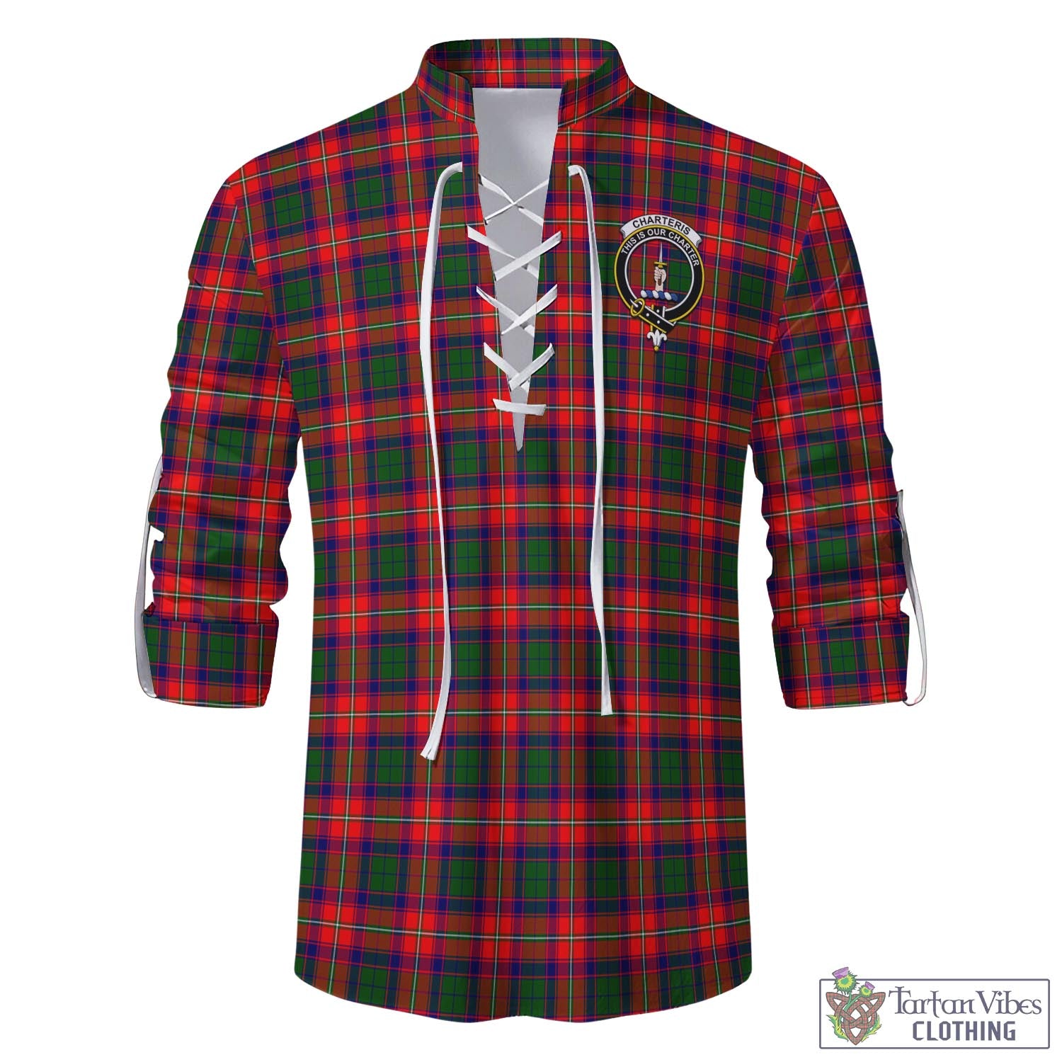 Tartan Vibes Clothing Charteris Tartan Men's Scottish Traditional Jacobite Ghillie Kilt Shirt with Family Crest