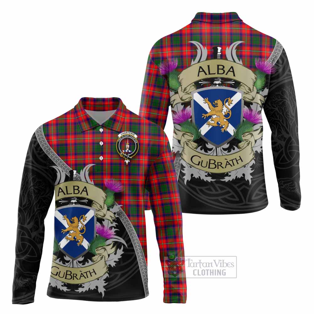 Tartan Vibes Clothing Charteris Tartan Family Crest Long Sleeve Polo Shirt Lion Rampant Royal Thistle Shield Celtic Inspired