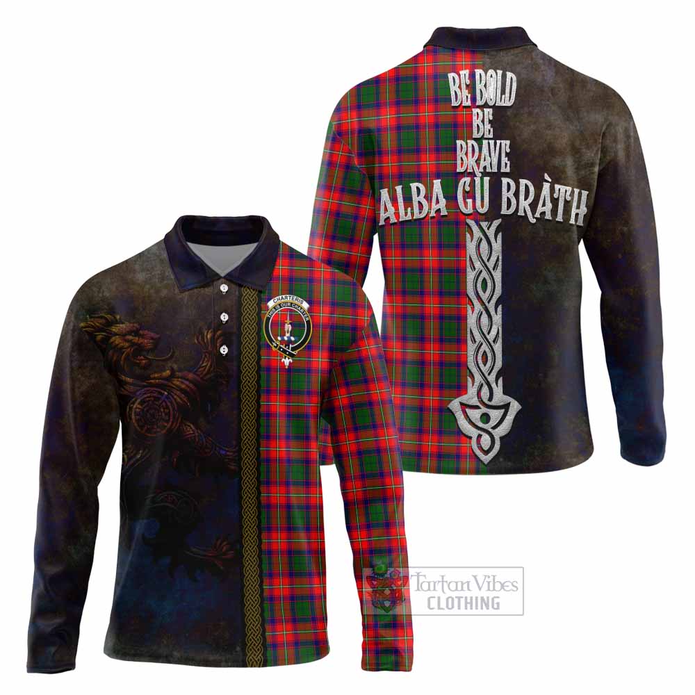 Tartan Vibes Clothing Charteris Tartan Family Crest Long Sleeve Polo Shirt Alba Gu Brath Be Brave Lion Ancient Style