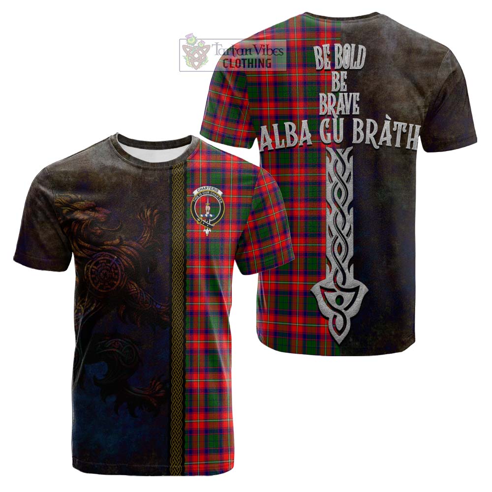 Tartan Vibes Clothing Charteris Tartan Family Crest Cotton T-shirt Alba Gu Brath Be Brave Lion Ancient Style