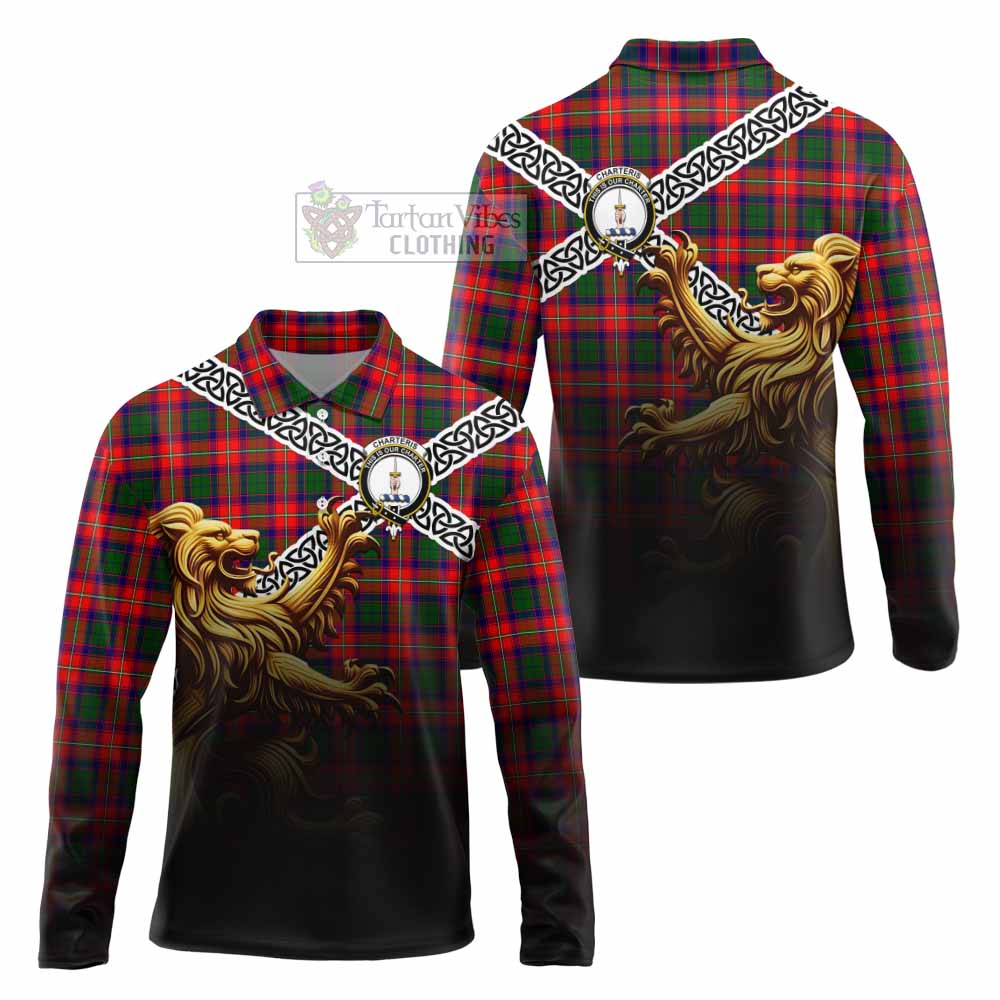 Tartan Vibes Clothing Charteris Crest Tartan Long Sleeve Polo Shirt with Golden Lion Emblem Celtic Style